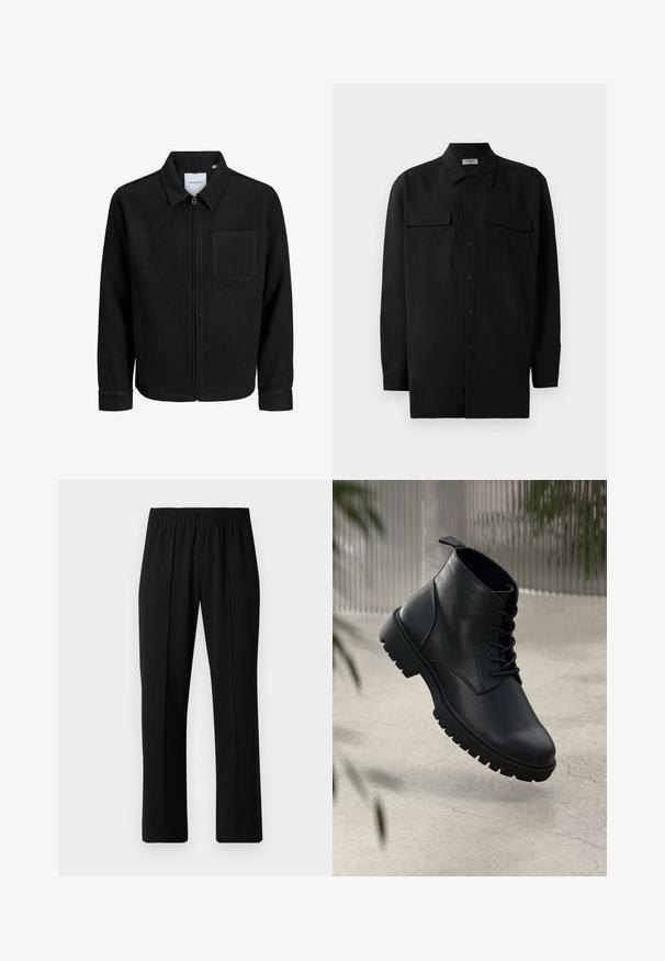 Čierna zipsová bunda s golierom a jednou náprsníkou, vystavená na bielom pozadí.; Čierna košeľa na gombíky vyrobená z hladkej tkaniny, so klasickým golierom, dvoma prednými vreckami a dlhými rukávmi s gombíkovými manžetami.; Čierne nohavice s elastickým pásom a rovnými nohavicami, majú hladkú textúru a žiadne viditeľné vzory ani kovové doplnky.; Čierne kožené členkové topánky s okrúhlou špicou, šnurovací dizajn a robustná gumová podrážka. Hladký povrch s pútkom na zadnej strane.