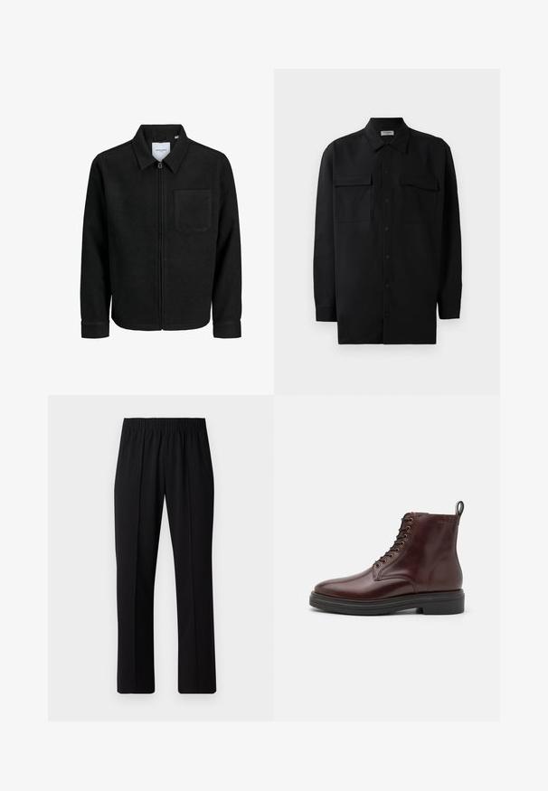 Schwarze Zip-Jacke mit Kragen und einer einzelnen Brusttasche, auf weißem Hintergrund präsentiert.; Schwarzes Hemd mit Knopfleiste aus glattem Stoff, das einen klassischen Kragen, zwei Brusttaschen und lange Ärmel mit Knopfmanschetten aufweist.; Schwarze, Gummibund-Hosen mit geradem Schnitt, die eine glatte Textur aufweisen und keine sichtbaren Muster oder Beschläge haben.; Braune Leder-Stiefeletten mit runder Spitze, sieben Ösen-Schnürung vorne und einer schwarzen Gummisohle. Mit einer Zuglasche an der Ferse.