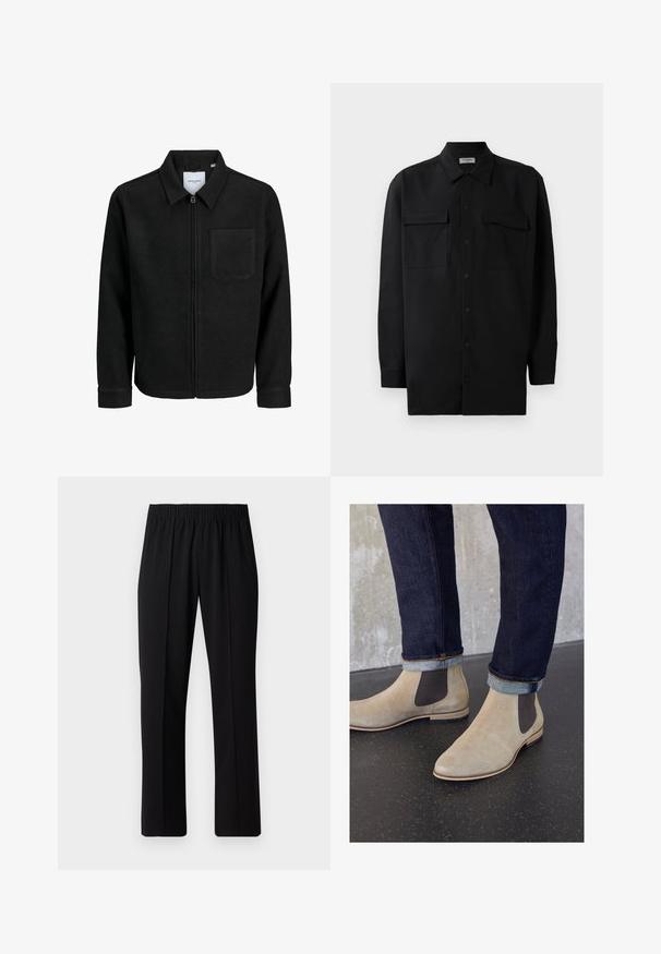 Fekete, zipzáros dzseki gallérral és egyetlen mellzsebbel, fehér háttéren.; Fekete gombos ing, sima anyagból készült, klasszikus gallérral, két elülső zsebbel és hosszú ujjakkal, amelyek gombos mandzsettával záródnak.; Fekete, gumíros derekú nadrág egyenes szabással, sima felülettel, látható minták vagy fémrészek nélkül.; Zign LEATHER - Klasszikus bokacsizmák - sand