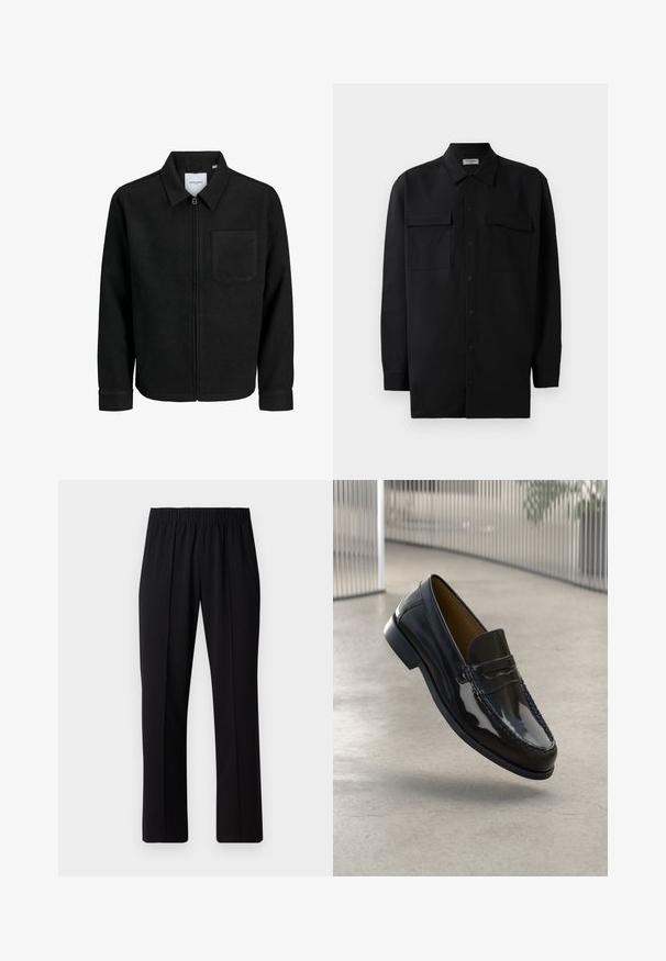 Schwarze Zip-Jacke mit Kragen und einer einzelnen Brusttasche, auf weißem Hintergrund präsentiert.; Schwarzes Hemd mit Knopfleiste aus glattem Stoff, das einen klassischen Kragen, zwei Brusttaschen und lange Ärmel mit Knopfmanschetten aufweist.; Schwarze, Gummibund-Hosen mit geradem Schnitt, die eine glatte Textur aufweisen und keine sichtbaren Muster oder Beschläge haben.; Schwarze Lacklederloafers mit einer gestickten Akzentuierung, runder Zehenpartie, niedrigem Absatz und glatter Oberfläche, vor einem neutralen Hintergrund präsentiert.