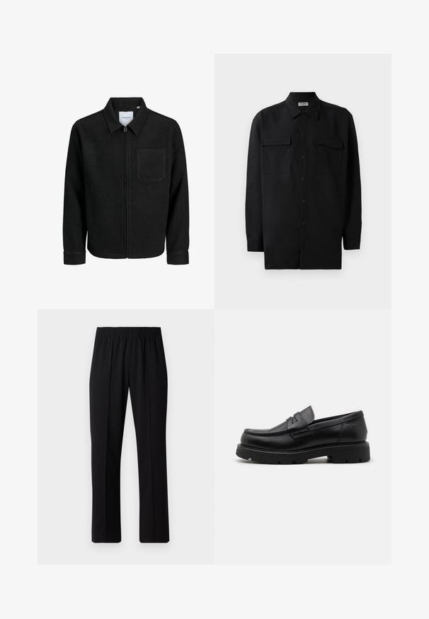 Musta vetoketjullinen takki, jossa on kaulus ja yksi rintatasku, esitelty valkoista taustaa vasten.; Musta napillinen paita, joka on valmistettu sileästä kankaasta. Paita sisältää klassisen kaulan, kaksi etutaskua ja pitkät hihat, joissa on nappivarat.; Mustat, joustavat vyötäröhousut suoralla lahkeella, joissa on sileä pinta ilman näkyviä kuvioita tai metalliosia.; Musta nahkakengät, joissa on pyöreä kärki, teksturoidut yksityiskohdat etuosassa ja paksu kumipohja, jossa on uria pitoa varten.