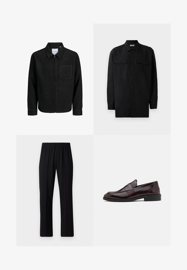 Musta vetoketjullinen takki, jossa on kaulus ja yksi rintatasku, esitelty valkoista taustaa vasten.; Musta napillinen paita, joka on valmistettu sileästä kankaasta. Paita sisältää klassisen kaulan, kaksi etutaskua ja pitkät hihat, joissa on nappivarat.; Mustat, joustavat vyötäröhousut suoralla lahkeella, joissa on sileä pinta ilman näkyviä kuvioita tai metalliosia.; Burgundy nahka loaferit, joissa on sileä pinta, suorakulmainen etupaneeli ja pyöreä kärki, joissa on musta kumipohja.