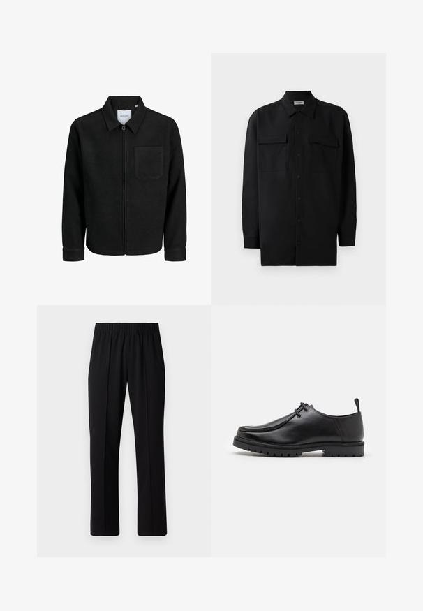 Juodas džemperis su užtrauktuku, apykakle ir vienu krūtiniu kišenėje, pristatytas baltame fone.; Juodas marškinis su mygtukais, pagamintas iš lygaus audinio, turi klasikinius apykaklės, du priekiniai kišeniai ir ilgus rankovės su mygtukais.; Juodos, elastingos juosmens kelnės su tiesiomis kojomis, turinčios lygų paviršių ir be matomų raštų ar detalių.; Juodas odinis batų modelis su raišteliais, turintis tvirtą padą ir tempimo kilpelę kulno srityje, pavaizduotas iš šono ant baltos fono.