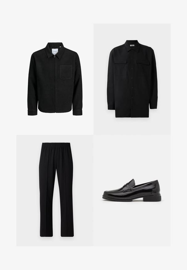 Czarna kurtka z zamkiem na całej długości, z kołnierzem i jedną kieszenią na piersi, umieszczona na białym tle.; Czarna koszula z guzikami wykonana z gładkiego materiału, z klasycznym kołnierzykiem, dwoma przednimi kieszeniami i długimi rękawami z mankietami na guziki.; Czarne spodnie z elastycznym pasem o prostym kroju, z gładką strukturą i bez widocznych wzorów czy elementów metalowych.; Czarne skórzane mokasyny z okrągłym czubkiem, z przeszyciem na wierzchu oraz niskim słupkowym obcasem. Gładka faktura i błyszczące wykończenie.