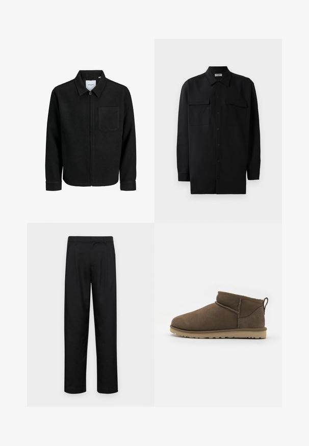 Chaqueta negra con cremallera y cuello, con un solo bolsillo en el pecho, expuesta sobre un fondo blanco.; Camisa negra de botones, fabricada en tejido suave, con un cuello clásico, dos bolsillos delanteros y mangas largas con puños de botón.; Pantalones negros de tela suave, con un diseño de pierna recta, dos pliegues frontales y una cintura estándar con trabillas para el cinturón.; Botas cortas de ante marrón con puntera redondeada, costuras expuestas y suela de goma ligera texturizada, con una lengüeta en la parte posterior.