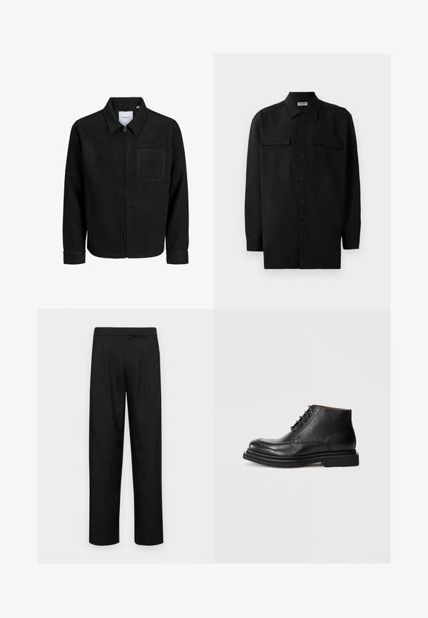 Fekete, zipzáros dzseki gallérral és egyetlen mellzsebbel, fehér háttéren.; Fekete gombos ing, sima anyagból készült, klasszikus gallérral, két elülső zsebbel és hosszú ujjakkal, amelyek gombos mandzsettával záródnak.; Fekete nadrág sima anyagból, egyenes szárú fazonnal, két elülső redővel és közönséges derékkal, övhurkokkal.; Fekete bőr bokacsizma, fűzős záródással, kerek orral és vastag gumitalppal, sima fehér háttér előtt.