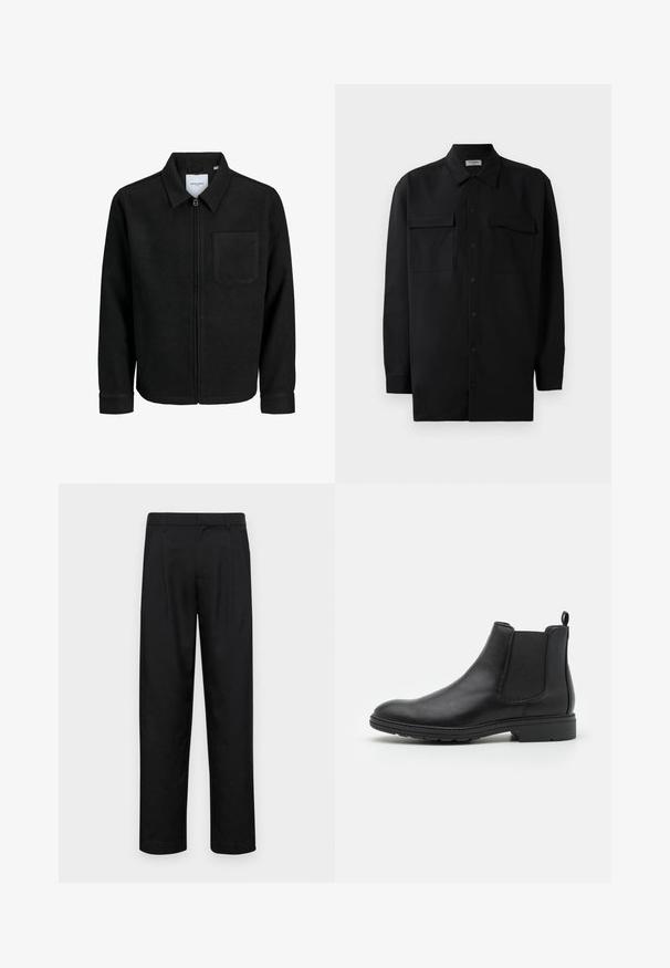 Black zip-up jacket with collar and single chest pocket, displayed on white background.; Black button-up shirt made of smooth fabric, featuring a classic collar, two front pockets, and long sleeves with button cuffs.; Black trousers made of smooth fabric, featuring a straight-leg design, two front pleats, and standard waistband with belt loops.; Black leather Chelsea boot with elastic side panels and a pull tab, featuring a rounded toe and textured rubber sole.