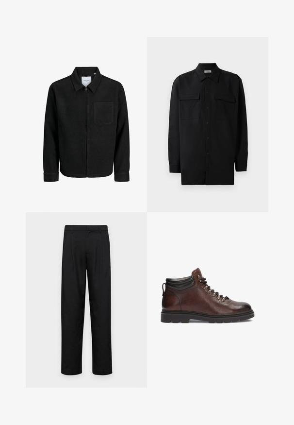 Giacca nera con zip, colletto e una tasca sul petto, mostrata su sfondo bianco.; Camicia nera con bottoni realizzata in tessuto morbido, dotata di colletto classico, due tasche frontali e maniche lunghe con polsini a bottone.; Pantaloni neri realizzati in tessuto liscio, caratterizzati da un taglio dritto, due pieghe frontali e una vita standard con passanti per la cintura.; Scarponcini da trekking in pelle marrone con finitura strutturata, occhielli in argento e colletto alla caviglia nero. Suola in gomma con un motivo di battistrada robusto.