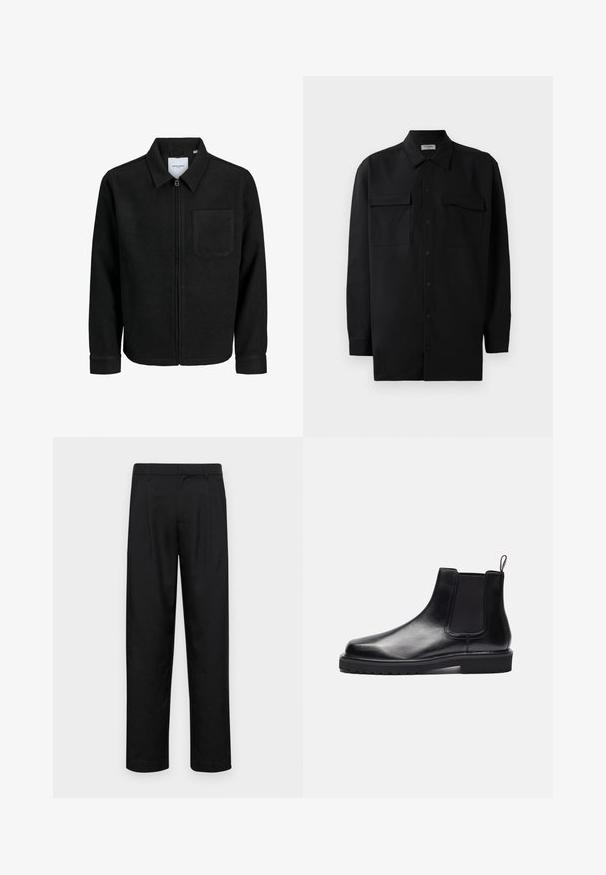Svart zip-jacka med krage och en enda bröstficka, visad på vit bakgrund.; Svart knappened skjorta i slät tyg, med klassisk krage, två frampockets samt långa ärmar med knäppning vid handlederna.; Svarta byxor i slät väv, med rak ben-design, två framfickor och standardmidja med bälteshällor.; Zign LEATHER - Stövletter - black