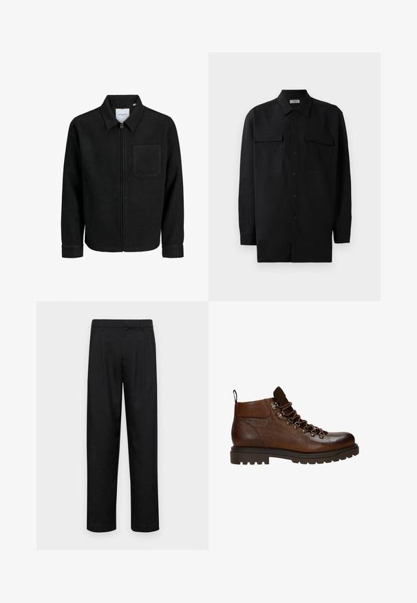 Czarna kurtka z zamkiem na całej długości, z kołnierzem i jedną kieszenią na piersi, umieszczona na białym tle.; Czarna koszula z guzikami wykonana z gładkiego materiału, z klasycznym kołnierzykiem, dwoma przednimi kieszeniami i długimi rękawami z mankietami na guziki.; Czarne spodnie wykonane z gładkiego materiału, z prostą nogawką, dwoma fałdami z przodu oraz standardowym paskiem z wypustkami na pasek.; Brązowe skórzane botki za kostkę o surowym designie, z teksturowaną powierzchnią, metalowymi oczkami, grubą gumową podeszwą, sznurówką oraz uchwytem.