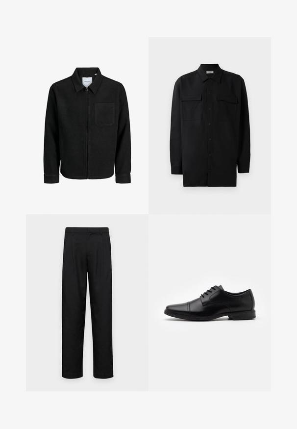 Čierna zipsová bunda s golierom a jednou náprsníkou, vystavená na bielom pozadí.; Čierna košeľa na gombíky vyrobená z hladkej tkaniny, so klasickým golierom, dvoma prednými vreckami a dlhými rukávmi s gombíkovými manžetami.; Čierne nohavice vyrobené z hladkej tkaniny, s rovnými nohavicami, dvoma prednými skladmi a štandardným pásom s pútkami na opasok.; Čierne kožené spoločenské topánky s špicatou špičkou, viazaním, jemnými švy a nízkou, textúrovanou gumovou podrážkou.