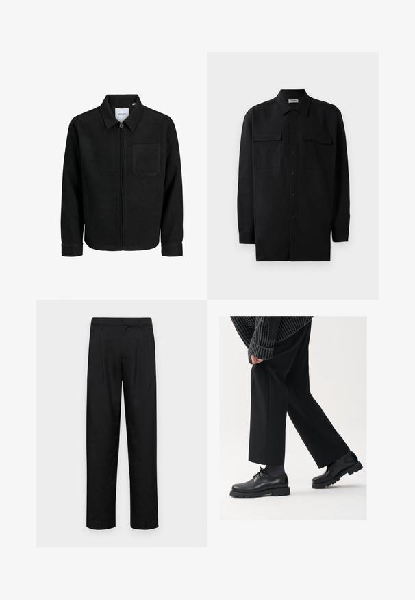 Fekete, zipzáros dzseki gallérral és egyetlen mellzsebbel, fehér háttéren.; Fekete gombos ing, sima anyagból készült, klasszikus gallérral, két elülső zsebbel és hosszú ujjakkal, amelyek gombos mandzsettával záródnak.; Fekete nadrág sima anyagból, egyenes szárú fazonnal, két elülső redővel és közönséges derékkal, övhurkokkal.; Fekete bőr cipők kerek orral, fűzős kialakítással és vastag, texturált talppal. Öltönyös fekete nadrággal és bordázott pulóverrel viselve.