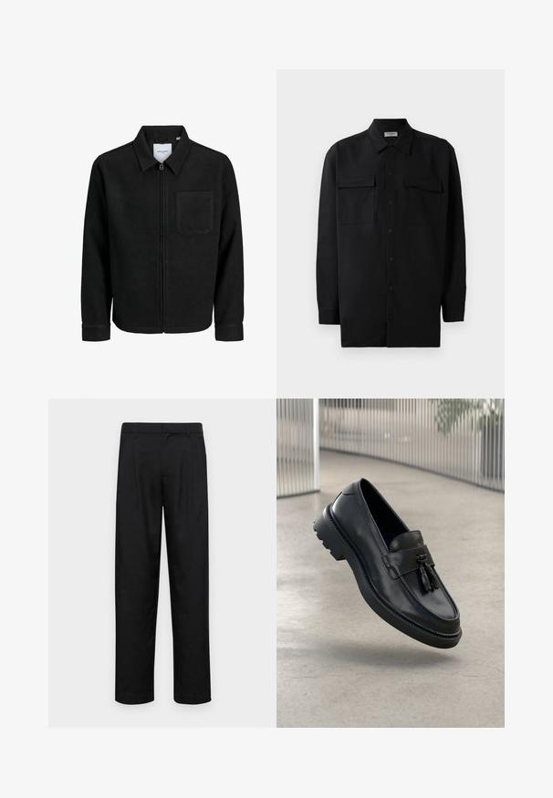 Črna jakna z zadrgo in ovratnikom ter enim žepom na prsih, prikazana na beli podlagi.; Črn srajčni zgornji del iz gladkega materiala, s klasičnim ovratnikom, dvema sprednjima žepoma in dolgimi rokavi z gumbi na manšetah.; Črne hlače iz gladkega materiala, s krojem ravne noge, dvema sprednjima pregiboma in standardnim pasom z zankami za pas.; Črni usnjeni mokasini z gladkim zaključkom, dekorativnimi cofki, debelim gumijastim podplatom in všitimi poudarki. Lahka in elegantna zasnova.