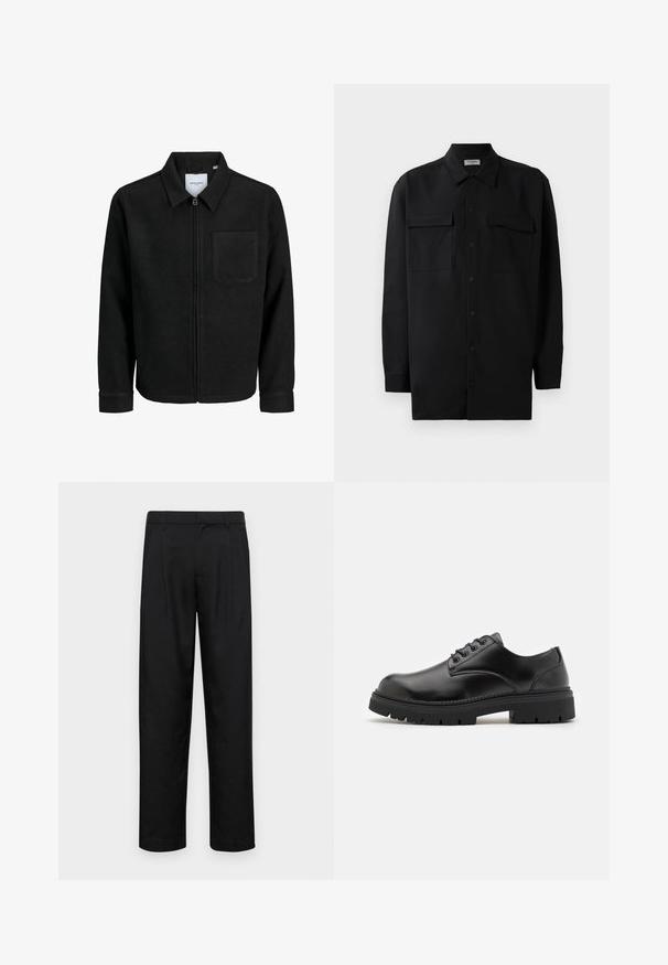 Svart zip-jacka med krage och en enda bröstficka, visad på vit bakgrund.; Svart knappened skjorta i slät tyg, med klassisk krage, två frampockets samt långa ärmar med knäppning vid handlederna.; Svarta byxor i slät väv, med rak ben-design, två framfickor och standardmidja med bälteshällor.; Svarta läderskor med rund tå, snörningsdesign och en tjock, texturerad gummisula. Har sömmar längs kanten och en slät yta.