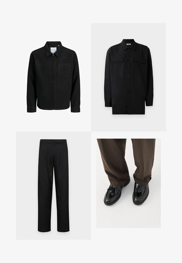 Juodas džemperis su užtrauktuku, apykakle ir vienu krūtiniu kišenėje, pristatytas baltame fone.; Juodas marškinis su mygtukais, pagamintas iš lygaus audinio, turi klasikinius apykaklės, du priekiniai kišeniai ir ilgus rankovės su mygtukais.; Juodi kelnių modeliai, pagaminti iš lygios medžiagos, turi tiesią kojas, du priekiniai klostės ir standartinę juosmenį su diržo kilpomis.; Juodi odiniai loaferiai su apvaliu kojų pirštu, dekoratyvinėmis kutais ir tekstūruota siuvinėjimu, derinami su rudais, šiek tiek laisvais kelnais.