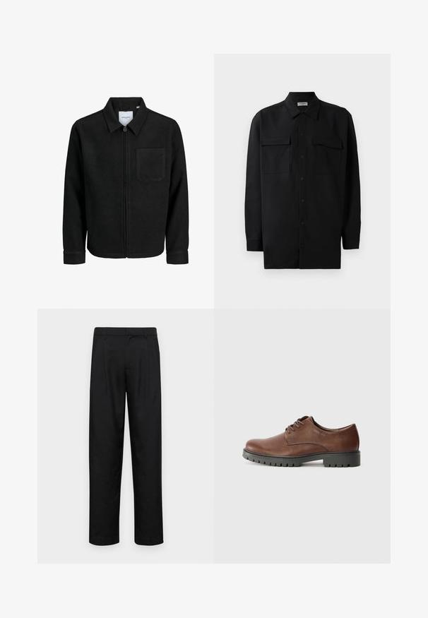 Chaqueta negra con cremallera y cuello, con un solo bolsillo en el pecho, expuesta sobre un fondo blanco.; Camisa negra de botones, fabricada en tejido suave, con un cuello clásico, dos bolsillos delanteros y mangas largas con puños de botón.; Pantalones negros de tela suave, con un diseño de pierna recta, dos pliegues frontales y una cintura estándar con trabillas para el cinturón.; Zapato oxford de cuero marrón con textura suave, punta redonda y suela de goma negra con un patrón de tracción. Cordones sujetos en la parte delantera.