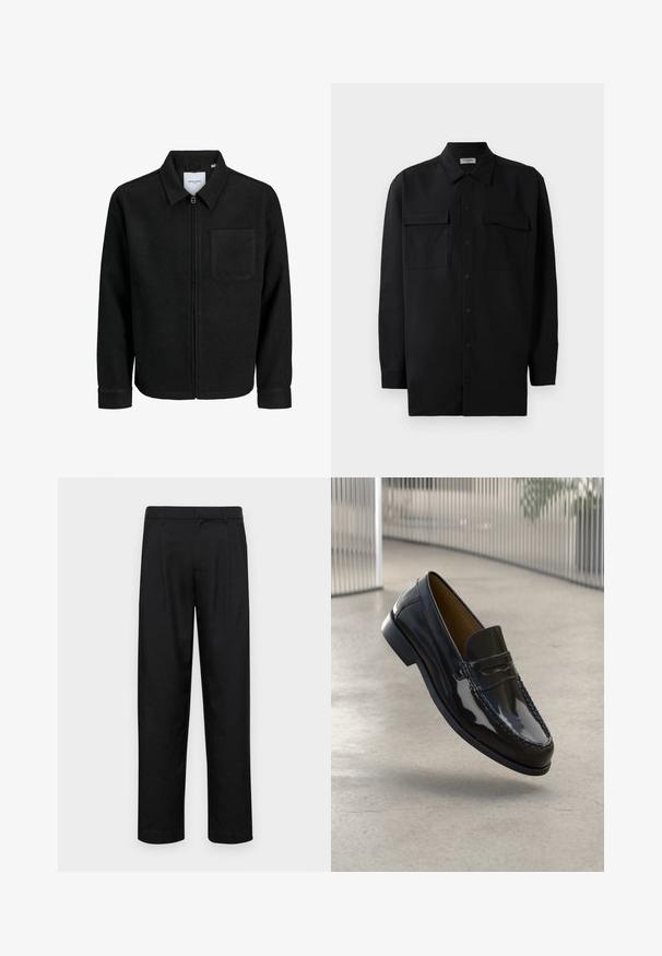 Schwarze Zip-Jacke mit Kragen und einer einzelnen Brusttasche, auf weißem Hintergrund präsentiert.; Schwarzes Hemd mit Knopfleiste aus glattem Stoff, das einen klassischen Kragen, zwei Brusttaschen und lange Ärmel mit Knopfmanschetten aufweist.; Schwarze Hose aus glattem Stoff, mit geradem Bein Design, zwei vorderen Falten und einem Standardbund mit Gürtelschlaufen.; Schwarze Lacklederloafers mit einer gestickten Akzentuierung, runder Zehenpartie, niedrigem Absatz und glatter Oberfläche, vor einem neutralen Hintergrund präsentiert.