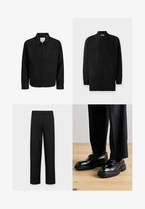 Mustaga lukuga jakker, millel on krae ja üks rinna-tasku, esitatud valgel taustal.; Mustmust värvi nööpidega särk, mis on valmistatud sujuvast kangast, klassikalise kraega, kahe eesmise tasku ja pikkade varrukatega, millel on nööpidega mansetid.; Mustad mustadest riietest, millel on sirge jalgade disain, kaks eesmist voltimist ja tavaline vöökoht, millel on vöökohad.; Mustad mustad nahk kingad siledaga viimistlusega, laia tallaga ja dekoratiivsete ristiribadega üle jala. Kandmisest koos kohandatud mustade pükstega.