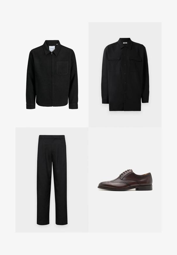 Črna jakna z zadrgo in ovratnikom ter enim žepom na prsih, prikazana na beli podlagi.; Črn srajčni zgornji del iz gladkega materiala, s klasičnim ovratnikom, dvema sprednjima žepoma in dolgimi rokavi z gumbi na manšetah.; Črne hlače iz gladkega materiala, s krojem ravne noge, dvema sprednjima pregiboma in standardnim pasom z zankami za pas.; ALDO DONALD - Elegantni čevlji z vezalkami - dark brown