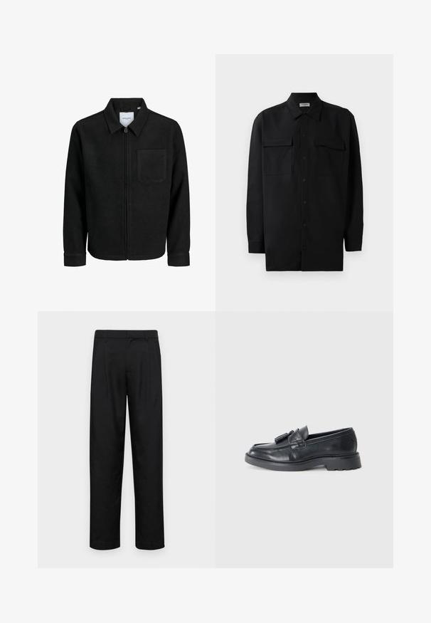 Juodas džemperis su užtrauktuku, apykakle ir vienu krūtiniu kišenėje, pristatytas baltame fone.; Juodas marškinis su mygtukais, pagamintas iš lygaus audinio, turi klasikinius apykaklės, du priekiniai kišeniai ir ilgus rankovės su mygtukais.; Juodi kelnių modeliai, pagaminti iš lygios medžiagos, turi tiesią kojas, du priekiniai klostės ir standartinę juosmenį su diržo kilpomis.; Juodi odiniai loafersai su apvaliu nose, juostele su kutais ir storesniu padu su raštu. Lygus paviršius ir klasikinis dizainas.