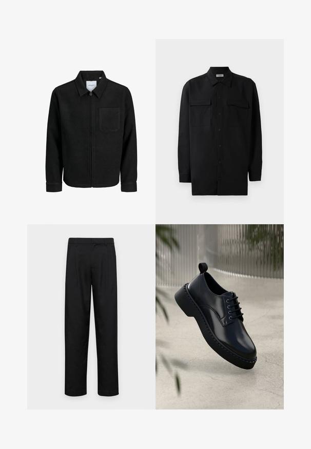 Čierna zipsová bunda s golierom a jednou náprsníkou, vystavená na bielom pozadí.; Čierna košeľa na gombíky vyrobená z hladkej tkaniny, so klasickým golierom, dvoma prednými vreckami a dlhými rukávmi s gombíkovými manžetami.; Čierne nohavice vyrobené z hladkej tkaniny, s rovnými nohavicami, dvoma prednými skladmi a štandardným pásom s pútkami na opasok.; Čierna kožená topánka s okrúhlym špičkou, šnurovací dizajn a hrubou gumovou podrážkou s textúrovaným okrajom. Elegantný povrch a minimálne kovanie.