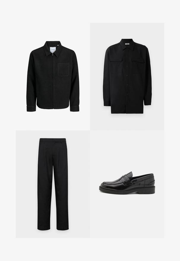 Schwarze Zip-Jacke mit Kragen und einer einzelnen Brusttasche, auf weißem Hintergrund präsentiert.; Schwarzes Hemd mit Knopfleiste aus glattem Stoff, das einen klassischen Kragen, zwei Brusttaschen und lange Ärmel mit Knopfmanschetten aufweist.; Schwarze Hose aus glattem Stoff, mit geradem Bein Design, zwei vorderen Falten und einem Standardbund mit Gürtelschlaufen.; Schwarze Lederloafers mit glatter Oberfläche, abgerundetem Zehenbereich, niedrigem Absatz und dekorativer Naht entlang der Vorderseite. Gummisohle für guten Halt.