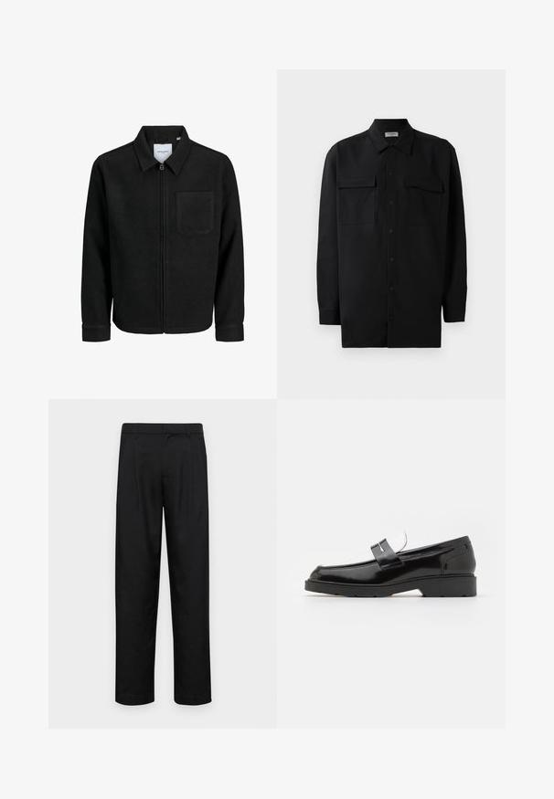 Zwarte zip-up jas met kraag en enkele borstzak, weergegeven op een witte achtergrond.; Zwarte button-up shirt gemaakt van gladde stof, met een klassieke kraag, twee voorzakken en lange mouwen met knopenmanchetten.; Zwarte broeken van gladde stof, met een recht model, twee voorknikken en een standaard tailleband met riemlussen.; Zwarte gepatineerde leren loafers met een ronde neus, voorzien van een zilveren gespaccent en een gestructureerde zwarte rubberen zool.