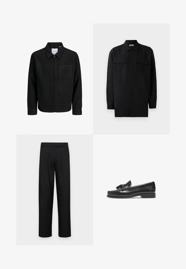 Schwarze Zip-Jacke mit Kragen und einer einzelnen Brusttasche, auf weißem Hintergrund präsentiert.; Schwarzes Hemd mit Knopfleiste aus glattem Stoff, das einen klassischen Kragen, zwei Brusttaschen und lange Ärmel mit Knopfmanschetten aufweist.; Schwarze Hose aus glattem Stoff, mit geradem Bein Design, zwei vorderen Falten und einem Standardbund mit Gürtelschlaufen.; Schwarze Lederloafer mit abgerundeter Spitze, dekorativer Quaste und Stichdetails. Flache Sohle und glänzende Oberfläche. Seitenansicht.