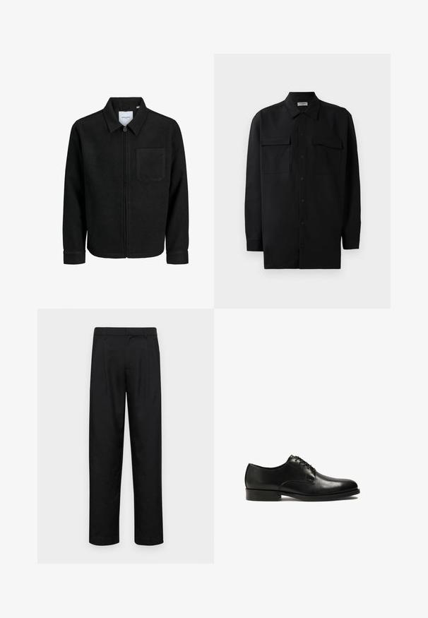Fekete, zipzáros dzseki gallérral és egyetlen mellzsebbel, fehér háttéren.; Fekete gombos ing, sima anyagból készült, klasszikus gallérral, két elülső zsebbel és hosszú ujjakkal, amelyek gombos mandzsettával záródnak.; Fekete nadrág sima anyagból, egyenes szárú fazonnal, két elülső redővel és közönséges derékkal, övhurkokkal.; Fekete bőr fűzős cipők sima textúrával, lekerekített orral és strapabíró gumitalppal. Minimális varrás és letisztult vonalak jellemzik.