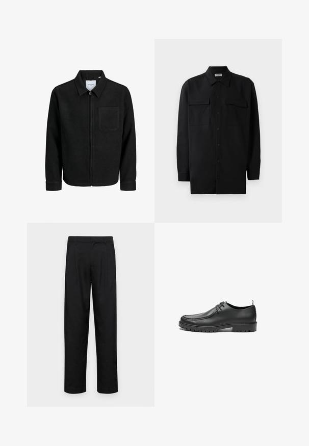 Black zip-up jacket with collar and single chest pocket, displayed on white background.; Black button-up shirt made of smooth fabric, featuring a classic collar, two front pockets, and long sleeves with button cuffs.; Black trousers made of smooth fabric, featuring a straight-leg design, two front pleats, and standard waistband with belt loops.; Black leather shoes with a smooth finish, rounded toe, and decorative stitching. Features a rubber sole with traction grooves and a lace-up design.