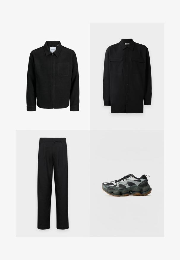 Black zip-up jacket with collar and single chest pocket, displayed on white background.; Black button-up shirt made of smooth fabric, featuring a classic collar, two front pockets, and long sleeves with button cuffs.; Black trousers made of smooth fabric, featuring a straight-leg design, two front pleats, and standard waistband with belt loops.; Black and grey athletic shoes with mesh upper, sculpted sole, and rubber outsole. Features a secure lace system and pull tab at the heel.
