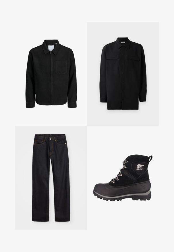 Mustaga lukuga jakker, millel on krae ja üks rinna-tasku, esitatud valgel taustal.; Mustmust värvi nööpidega särk, mis on valmistatud sujuvast kangast, klassikalise kraega, kahe eesmise tasku ja pikkade varrukatega, millel on nööpidega mansetid.; Meeste sirge jala mustad denim teksad viie taskuga, oranž õmblus, nupu ja tõmblukuga ees nagu vöökoht.; Mustad musta talvekingad tekstuurse suedepinnaga, kummist tallaga, metalldetailide ja logoga. Omab kõrget varrast ja kindlat nöörimisseadet.