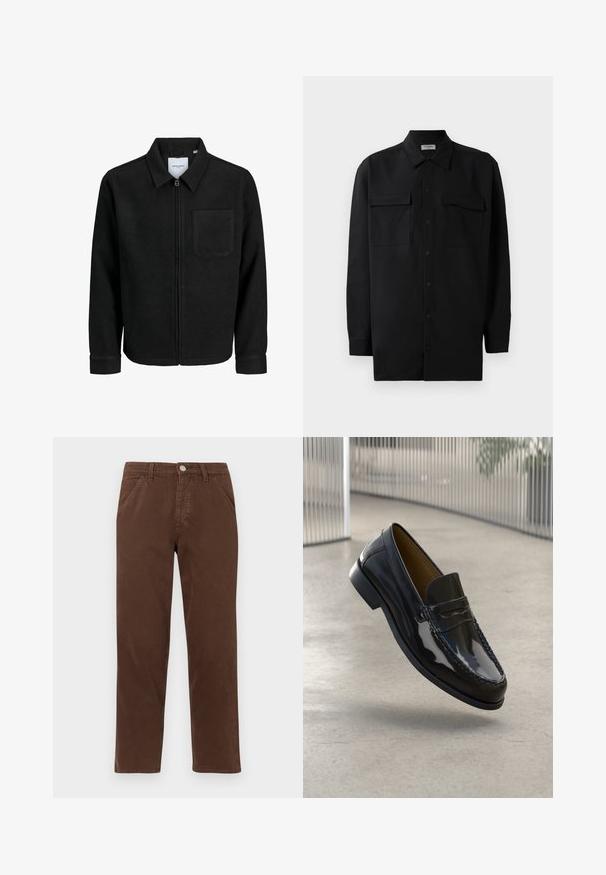 Črna jakna z zadrgo in ovratnikom ter enim žepom na prsih, prikazana na beli podlagi.; Črn srajčni zgornji del iz gladkega materiala, s klasičnim ovratnikom, dvema sprednjima žepoma in dolgimi rokavi z gumbi na manšetah.; Rjave bombažne hlače s ravnim nogami, sprednjimi žepi in kovinskim gumbom za zapiranje. Imajo gladko teksturo in minimalističen dizajn.; Črne lakirane loafer čevlje z nežno šivano dekoracijo, okroglo konico, nizko peto in gladko površino, prikazane na nevtralni podlagi.