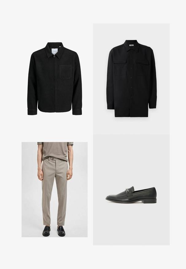 Giacca nera con zip, colletto e una tasca sul petto, mostrata su sfondo bianco.; Camicia nera con bottoni realizzata in tessuto morbido, dotata di colletto classico, due tasche frontali e maniche lunghe con polsini a bottone.; Pantaloni beige su misura in tessuto liscio, slim fit e con piega frontale. Abbinati a mocassini neri, che mettono in mostra un design semplice e moderno.; Mocassino in pelle nera con finitura liscia, caratterizzato da un design cucito e da un accento decorativo in catena metallica sul vamp. Tacco piatto.