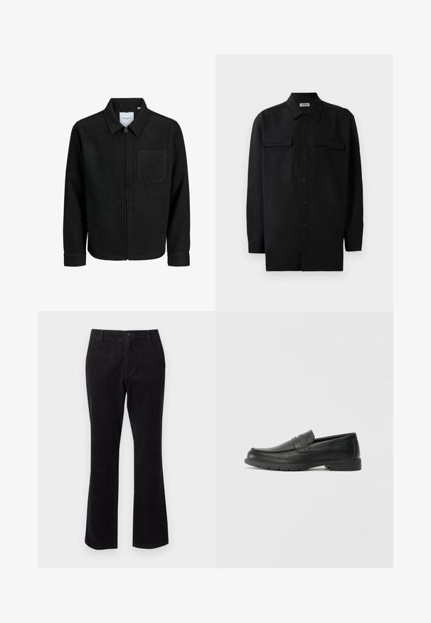 Čierna zipsová bunda s golierom a jednou náprsníkou, vystavená na bielom pozadí.; Čierna košeľa na gombíky vyrobená z hladkej tkaniny, so klasickým golierom, dvoma prednými vreckami a dlhými rukávmi s gombíkovými manžetami.; Čierne kordové nohavice s rozšíreným spodkom, so zapínaním na prednom gombíku a štandardnými vrecami na praktické využitie. Hladký povrch s vertikálnymi rebra.; Čierne kožené mokasíny s hladkým povrchom, vrchnou časťou v štýle mokasín, prešitým detailom a gumovou podrážkou. Klasický dizajn s nízkym podpätkom.