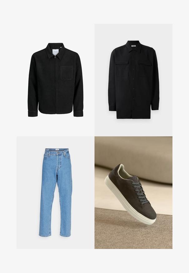 Fekete, zipzáros dzseki gallérral és egyetlen mellzsebbel, fehér háttéren.; Fekete gombos ing, sima anyagból készült, klasszikus gallérral, két elülső zsebbel és hosszú ujjakkal, amelyek gombos mandzsettával záródnak.; Világoskék, magasan ültetett, egyenes szabású farmernadrág elülső gombbal, cipzáras záródással, övhurkokkal és öt zsebes kialakítással, fehér háttérrel.; Sötétszürke velúr sportcipő, illeszkedő fűzőkkel és fehér gumitalppal, egy texturált bézs felület felett helyezkedik el, lágy háttérrel.