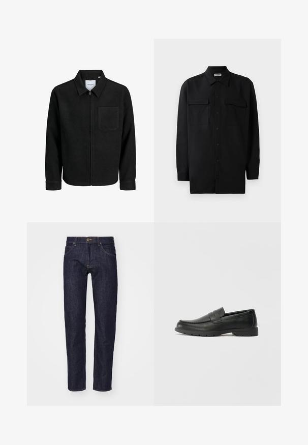 Juodas džemperis su užtrauktuku, apykakle ir vienu krūtiniu kišenėje, pristatytas baltame fone.; Juodas marškinis su mygtukais, pagamintas iš lygaus audinio, turi klasikinius apykaklės, du priekiniai kišeniai ir ilgus rankovės su mygtukais.; Tamsiai mėlynos džinsinės kelnės su tiesiu kirpimu, penkių kišenių dizainu, kontrastingomis geltonomis siūlėmis ir metaliniu mygtuko užsegimu juosmens srityje.; Juodai odiniai loaferiai su sklandžiu paviršiumi, mokasino stiliaus viršus, siuvinėjimu ir guminėmis padangomis. Klasikinis dizainas su žemu kulnu.