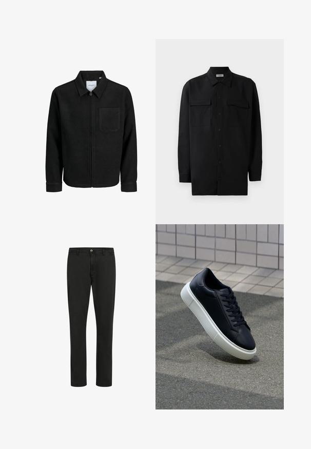 Černá zipová bunda s límečkem a jednou kapsou na hrudi, vystavená na bílém pozadí.; Černá košile na knoflíky vyrobená z hladké tkaniny, s klasickým límcem, dvěma předními kapsami a dlouhými rukávy s knoflíkovými manžetami.; Černé bavlněné kalhoty s rovnými nohavicemi, předním zapínáním na knoflík a dvěma bočními kapsami; hladká textura s minimalistickým designem.; Černé kožené tenisky s kulatou špičkou a bílou gumovou podrážkou. mají ploché tkaničky a minimální šití na svršku. Texturovaná podrážka pro lepší přilnavost.