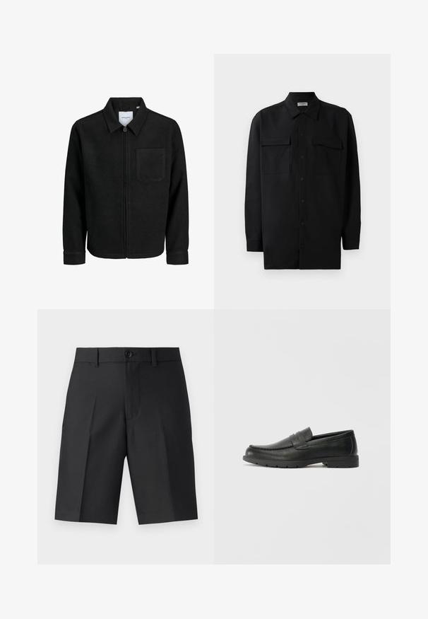 Čierna zipsová bunda s golierom a jednou náprsníkou, vystavená na bielom pozadí.; Čierna košeľa na gombíky vyrobená z hladkej tkaniny, so klasickým golierom, dvoma prednými vreckami a dlhými rukávmi s gombíkovými manžetami.; Čierne štýlové šortky vyrobené z ľahkej tkaniny, s rovný strihom, s jedným skladom a predným zapínaním na gombík.; Čierne kožené mokasíny s hladkým povrchom, vrchnou časťou v štýle mokasín, prešitým detailom a gumovou podrážkou. Klasický dizajn s nízkym podpätkom.
