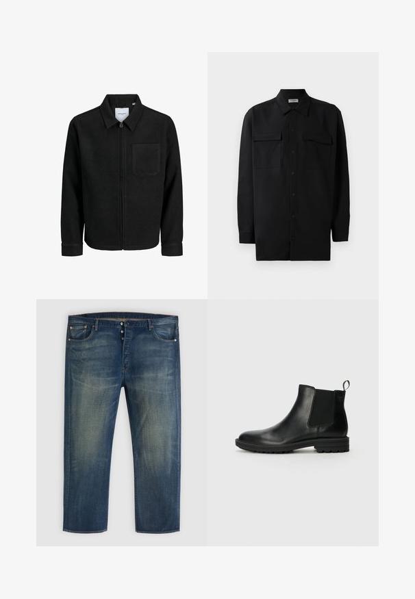 Svart zip-jacka med krage och en enda bröstficka, visad på vit bakgrund.; Svart knappened skjorta i slät tyg, med klassisk krage, två frampockets samt långa ärmar med knäppning vid handlederna.; Blå denimjeans med knapstängning, klassisk femfickadesign och urtvättad detaljer på låren och knäna.; Jack & Jones JFWHOSKINS - Stövletter - anthracite