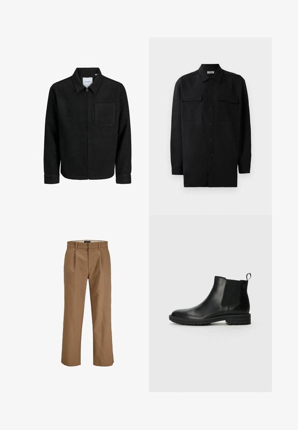 Melna jaka ar rāvējslēdzēju un apkakli, vienu krūšu kabatu, parādīta uz baltas fona.; Melnā pogu krekla, kas izgatavota no gludas auduma, ar klasisku apkakli, divām priekšējām kabatām un garām piedurknēm ar pogu aprocēm.; Brūnas bikses, izgatavotas no gludas auduma, ar taisnu piegriezumu, krokām priekšpusē un jostas cilpām. Nav redzamu rakstu vai akcentu.; Jack & Jones JFWHOSKINS - Klasiski puszābaki - anthracite