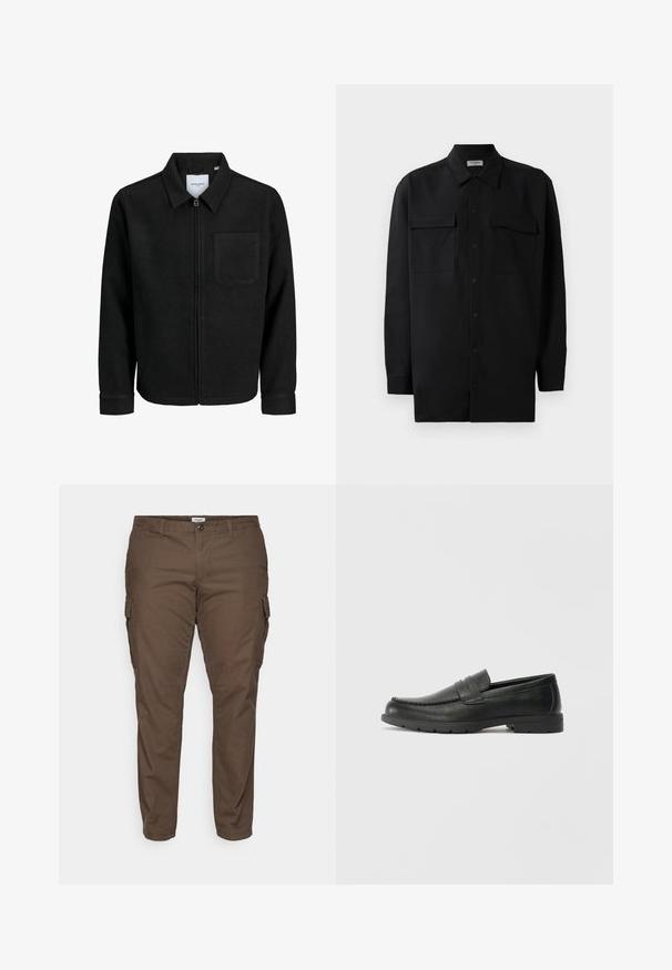Črna jakna z zadrgo in ovratnikom ter enim žepom na prsih, prikazana na beli podlagi.; Črn srajčni zgornji del iz gladkega materiala, s klasičnim ovratnikom, dvema sprednjima žepoma in dolgimi rokavi z gumbi na manšetah.; Brahne cargo hlače s ravnim krojem, narejene iz lahkotnega bombaža. Imajo stranske žepe in zanke za pas. Gladka tekstura, brez vzorcev.; Črne usnjene loafer čevlje z gladko površino, zgornjim delom v slogu mokasin, šivanimi detajli in gumijastim podplatom. Klasična zasnova z nizko peto.
