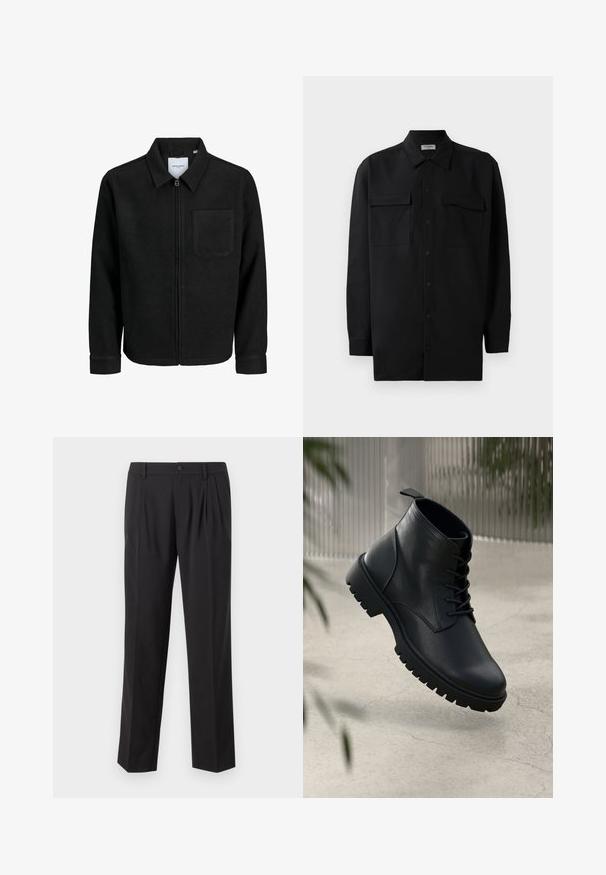 Mustaga lukuga jakker, millel on krae ja üks rinna-tasku, esitatud valgel taustal.; Mustmust värvi nööpidega särk, mis on valmistatud sujuvast kangast, klassikalise kraega, kahe eesmise tasku ja pikkade varrukatega, millel on nööpidega mansetid.; Mustad kohandatud püksid on valmistatud siledast kangast, millel on ees voltide detail, nööbid ja sirge jala disain.; Mustad mustad nahast ankle saapad, ümmarguse nina, nööbidest sulgemise ja robustse kummitald. Sile tekstuur ja tõmbetab tagaküljel.