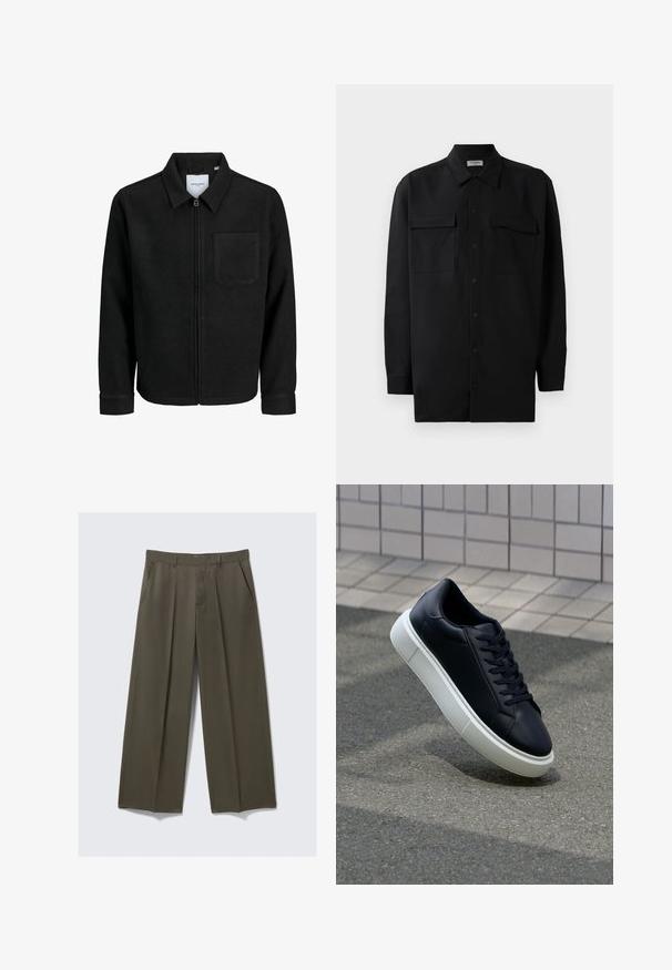 Veste zippée noire avec col et poche poitrine unique, présentée sur fond blanc.; Chemise noire à manches longues en tissu lisse, dotée d'un col classique, de deux poches devant et de poignets à boutons.; Pantalons évasés en vert olive, fabriqués en tissu lisse. Dotés de poches avant, d'un devant plat et de plis cousus pour une structure.; Baskets noires en cuir avec bout arrondi et semelle en caoutchouc blanc. Elles présentent des lacets plats et une couture minimale sur la tige. Semelle texturée pour une bonne adhérence.