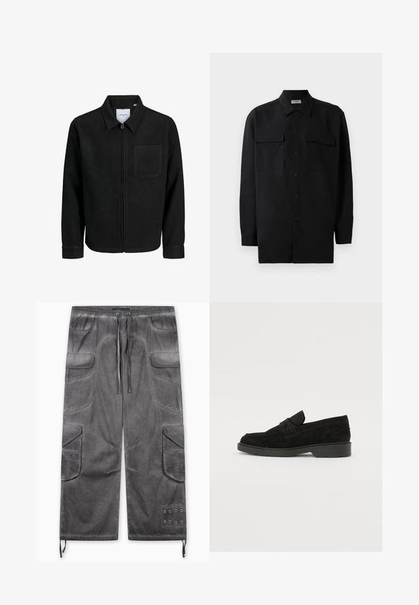 Černá zipová bunda s límečkem a jednou kapsou na hrudi, vystavená na bílém pozadí.; Černá košile na knoflíky vyrobená z hladké tkaniny, s klasickým límcem, dvěma předními kapsami a dlouhými rukávy s knoflíkovými manžetami.; Šedé nákladní kalhoty s volným střihem, s několika kapsami, texturovanou látkou, páskem na stažení a kovovými průchodkami.; Černé semišové mokasíny s nízkým podpatkem, s jednoduchým páskem přes horní část a texturovanými detaily po stranách.