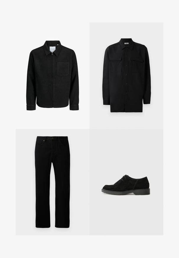 Mustaga lukuga jakker, millel on krae ja üks rinna-tasku, esitatud valgel taustal.; Mustmust värvi nööpidega särk, mis on valmistatud sujuvast kangast, klassikalise kraega, kahe eesmise tasku ja pikkade varrukatega, millel on nööpidega mansetid.; Mustast denimist valmistatud sirge jala disainiga püksid, viie tasku stiil, ees nupuga sulgemine ja peened tikandi detailid.; Mustmust suured kingad ümarate varvastega, kontrastset õmblust ja kummist tallaga. Omab minimaalset paelavarrast ja sujuvat ülemise disaini.