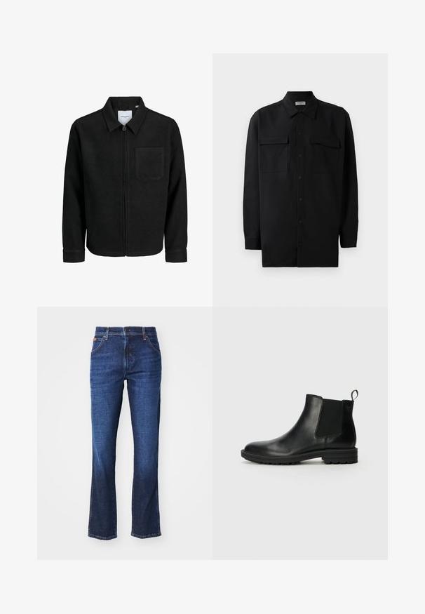 Mustaga lukuga jakker, millel on krae ja üks rinna-tasku, esitatud valgel taustal.; Mustmust värvi nööpidega särk, mis on valmistatud sujuvast kangast, klassikalise kraega, kahe eesmise tasku ja pikkade varrukatega, millel on nööpidega mansetid.; Tumedat sinise denimi teksad sirge jala kujundusega, viie taskuga stiilis ning nupuga ja tõmbluku sulgemisega. Kanga pinnal on peen kulumine.; Jack & Jones JFWHOSKINS - Klassikalised poolsaapad - anthracite