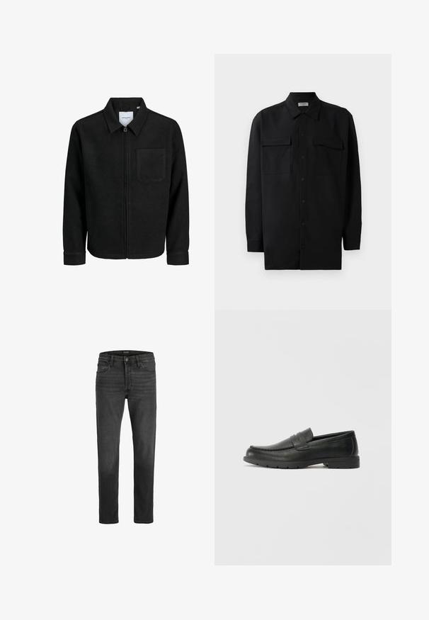 Fekete, zipzáros dzseki gallérral és egyetlen mellzsebbel, fehér háttéren.; Fekete gombos ing, sima anyagból készült, klasszikus gallérral, két elülső zsebbel és hosszú ujjakkal, amelyek gombos mandzsettával záródnak.; Fekete farmernadrág egyenes fazonnal, öt zsebbel és cipzáros záródással. Finom elhalványulásokkal és kontrasztos varrással rendelkezik.; Fekete bőr mokaszinok sima felülettel, a mokaszin stílusú felsőrésszel, varrott részletezéssel és gumitalppal. Klasszikus dizájn alacsony sarokkal.