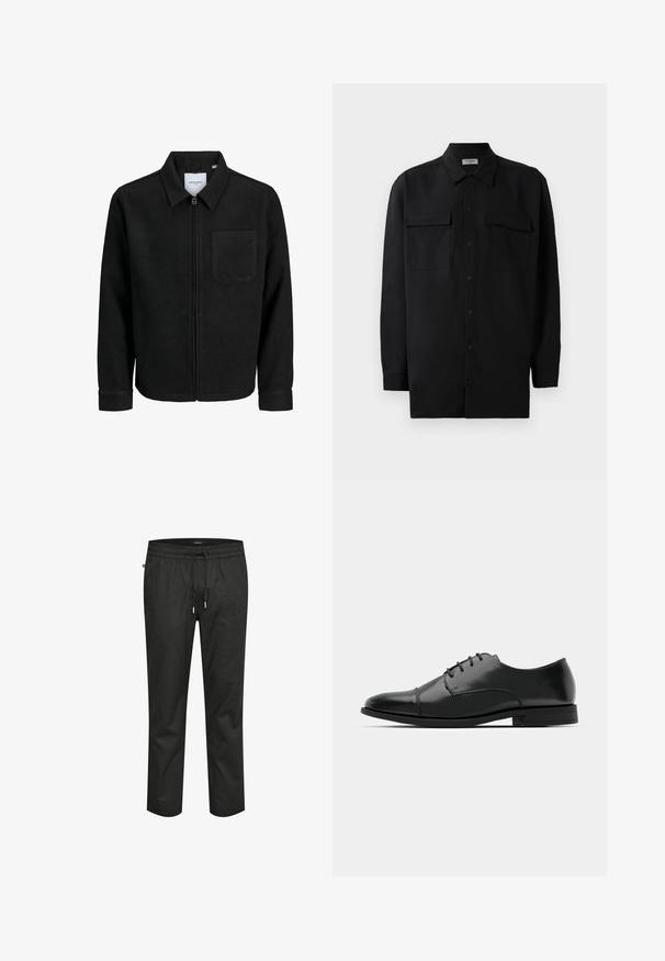 Črna jakna z zadrgo in ovratnikom ter enim žepom na prsih, prikazana na beli podlagi.; Črn srajčni zgornji del iz gladkega materiala, s klasičnim ovratnikom, dvema sprednjima žepoma in dolgimi rokavi z gumbi na manšetah.; Črne bombažne hlače z elastičnim pasom, zavezovanjem in sproščenim krojem. Imajo gladko teksturo in taperirane noge.; Črne usnjene moške čevlje z zaobljenim nosom, s sistemom vezalk, diskretnimi šivi in nizkih petah. Gladka tekstura s sijočim zaključkom.