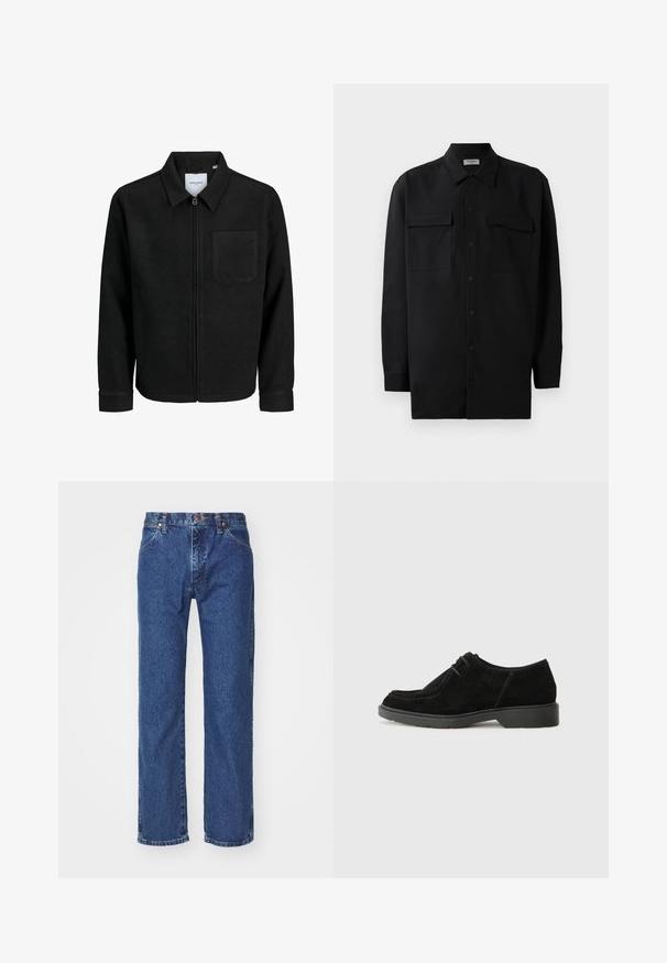 Black zip-up jacket with collar and single chest pocket, displayed on white background.; Black button-up shirt made of smooth fabric, featuring a classic collar, two front pockets, and long sleeves with button cuffs.; Straight-leg blue denim jeans with front button, zipper, belt loops, and five-pocket design on a plain white background.; Black suede dress shoe with a rounded toe, contrasting stitching, and a rubber sole. Features minimal lacing and a smooth upper design.